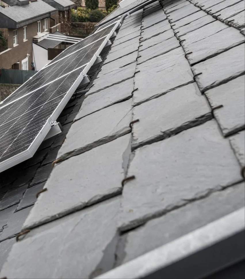 Close-up image of a roof with slate roofing and solar panels