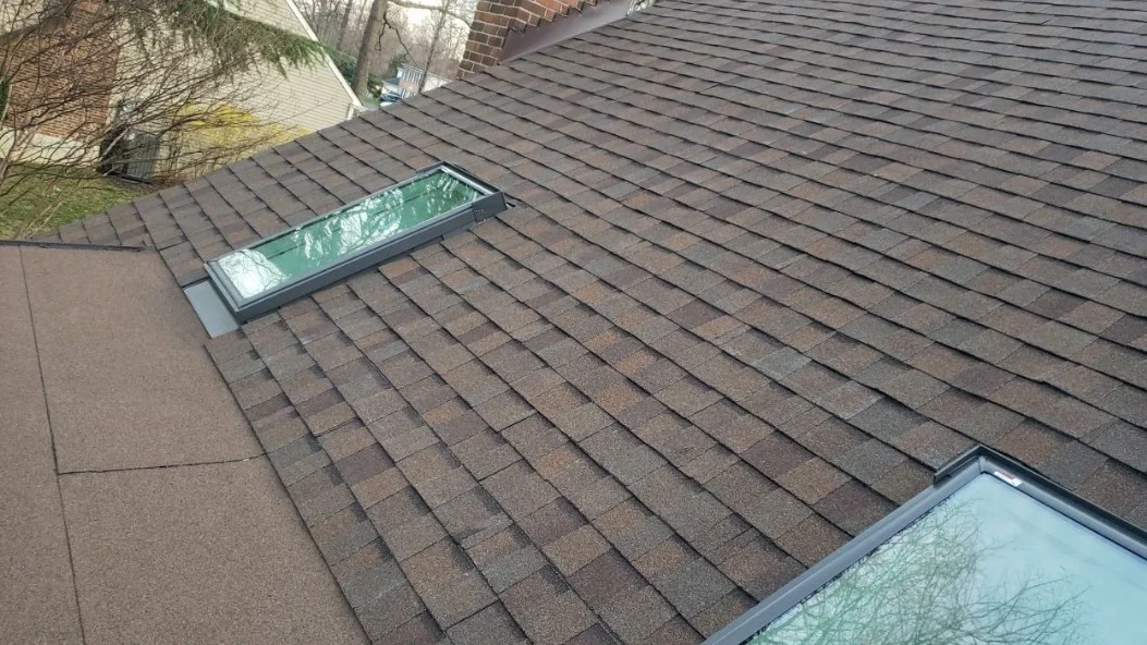 A close view of the meeting point between John’s new asphalt and modified bitumen roof sections, with two of the four skylights visible.