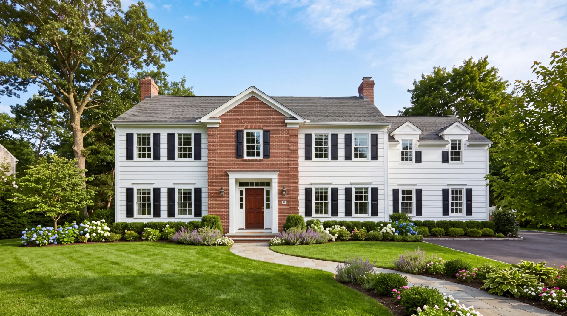 A photo taken from the street and showing a large two-story home with white siding, a gray shingle roof, and a section of red brick exterior surrounding the section where the front door is located.