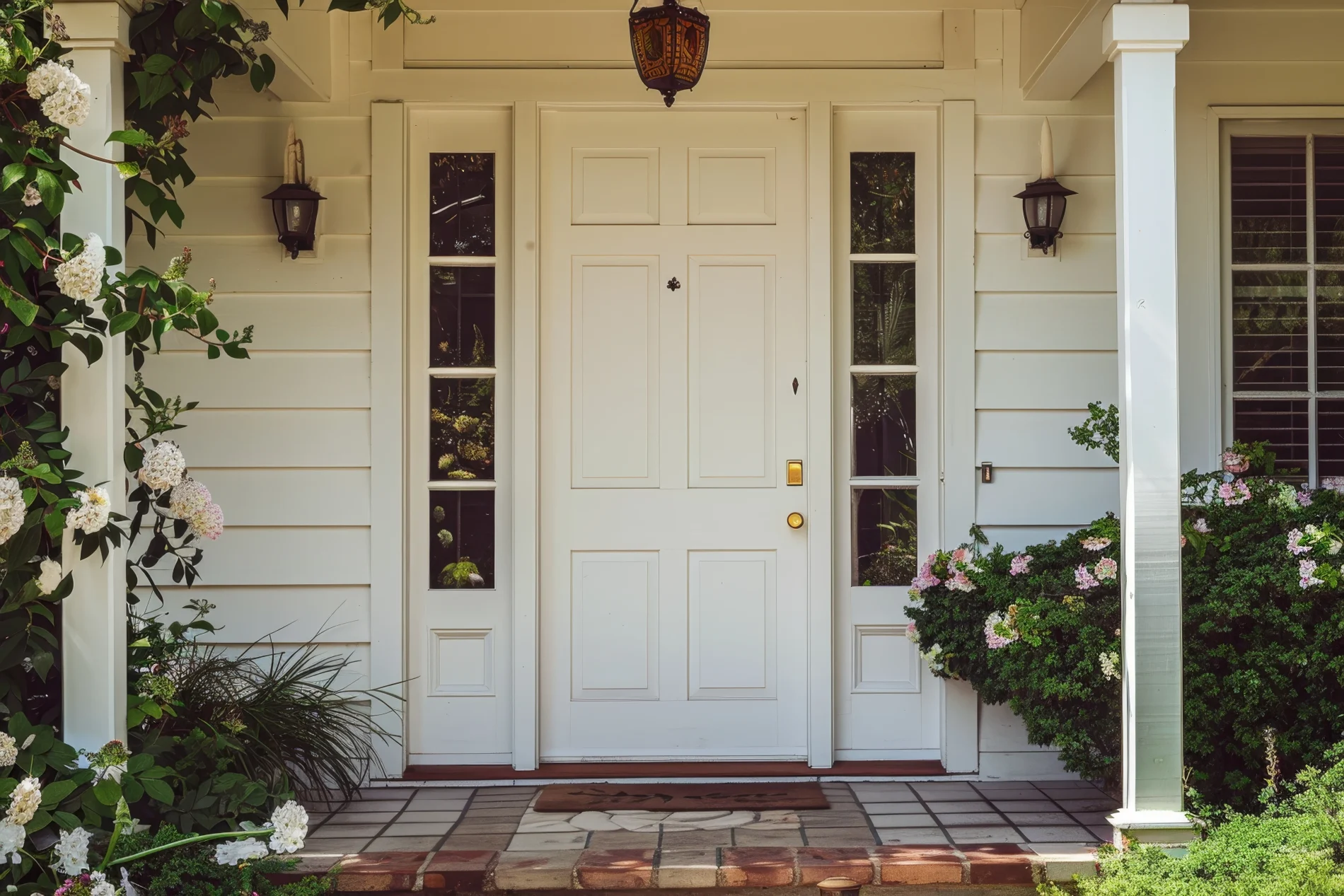 A close-up of a home’s front porch, showing off a red brick floor, white siding, and a white front door at the center. There are tall, narrow sidelites on both sides of the door, and white flowers growing in nearby flowerbeds.